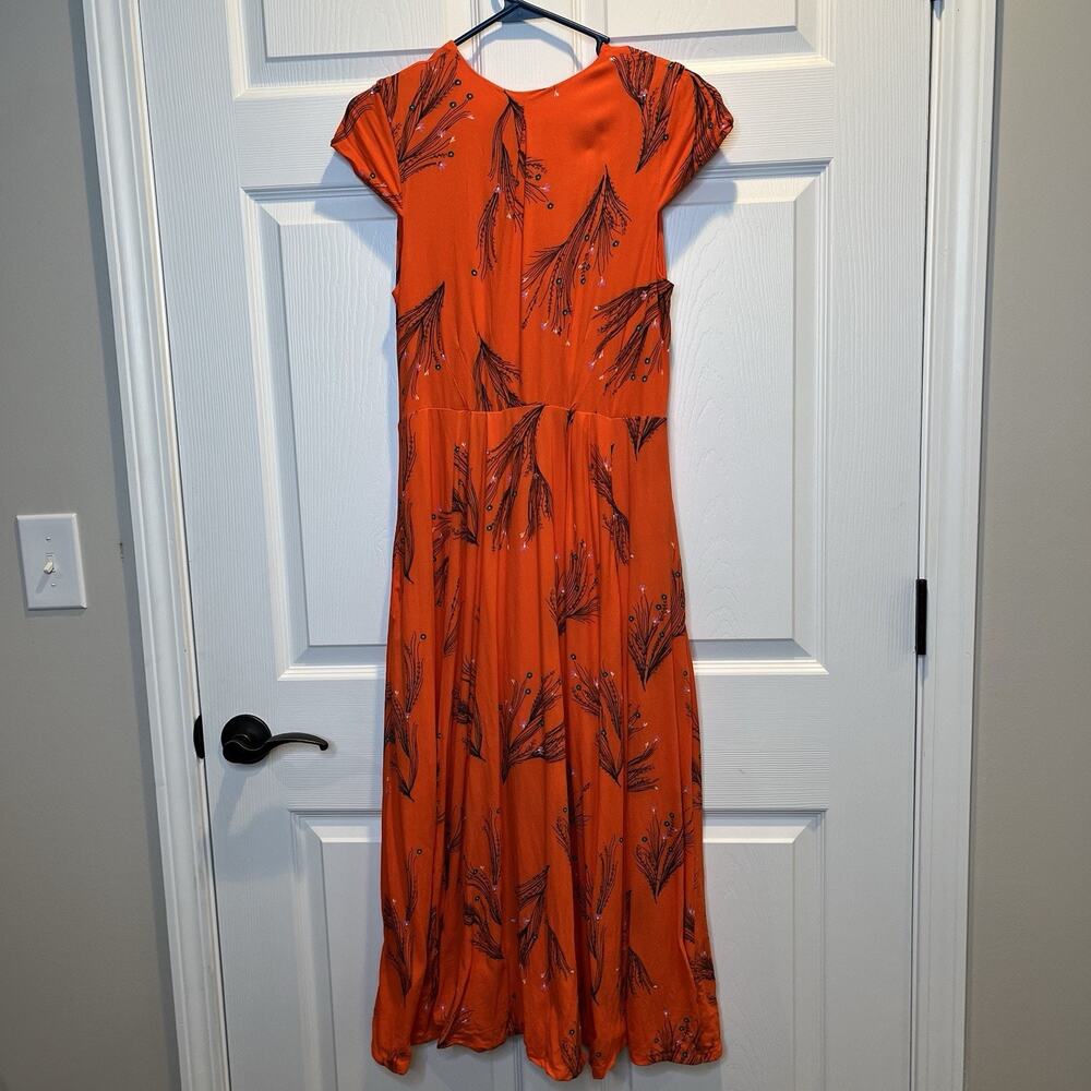 Free People Sz 10 Retro Coral Orange Floral Print Rayon Midi Dress Side Pockets - Picture 6 of 12